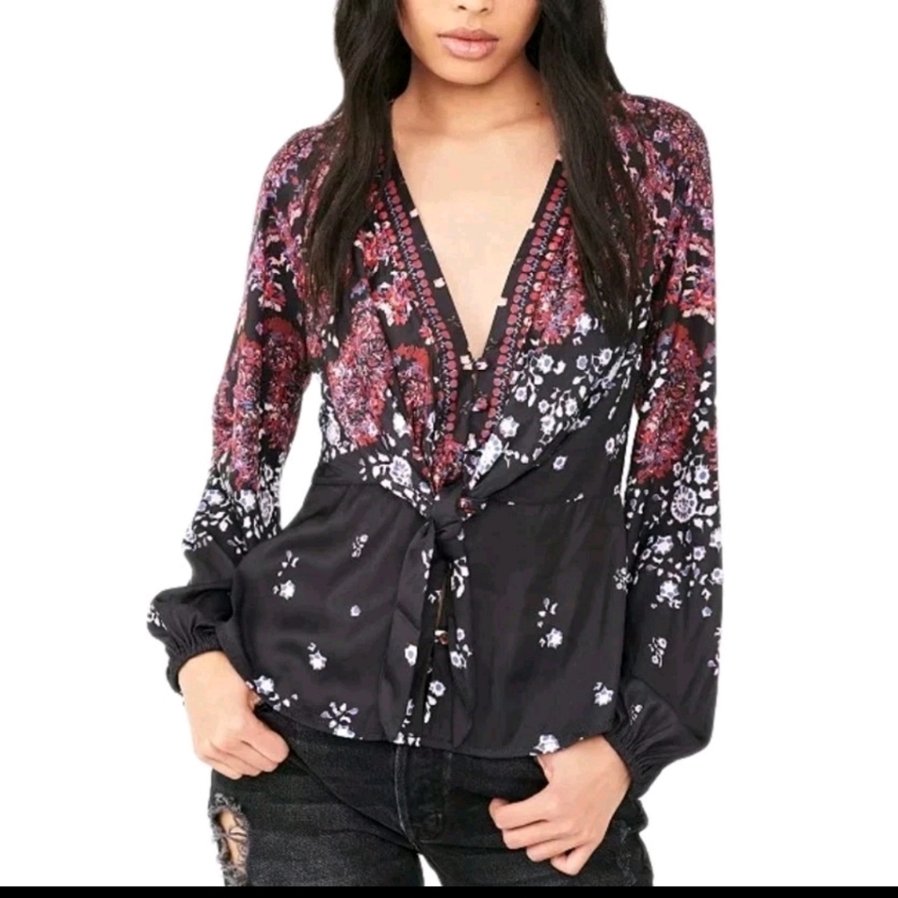 Free People Womens Run Free Long Sleeve SilkyPrinted Tunic Top In Night Combo XL